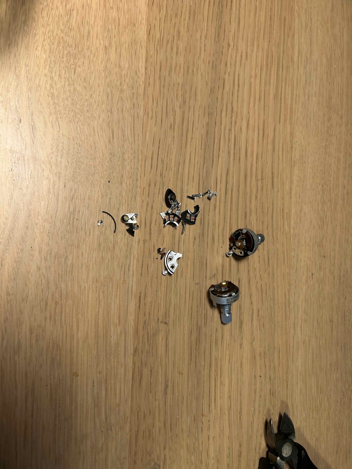 Close-up of the shattered potentiometers
